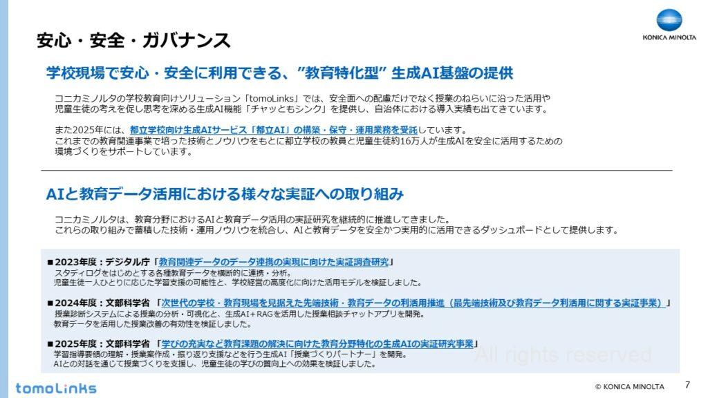tomoLinksのダッシュボードの安全面について説明しているスライド。国の実証事業などを通じて継続的に技術的・運用的なノウハウを蓄積しており、学校現場で安心・安全に利用できることを前提に設計していることを提示しています。